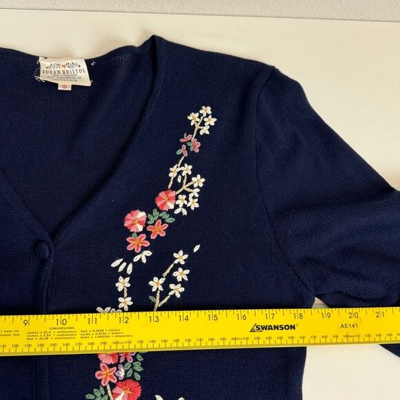 Vintage Susan Bristol Navy Floral Embroidered Cardigan 90s S - Picture 5 of 7